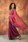 Pure Mul Cotton Handloom Saree in Magenta & Plum Mul  with All-Over Golden Checks and Zari Border