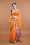 Tarang ~ Handloom Cotton Silk Ari Checks Sleek Designer Border in Orange & Purple