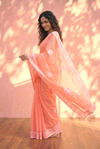 Sehaj ~ Exclusive Hand-Stitched Appliqué Weave Cotton Saree Floral Appliqué Pallu Coral Peach