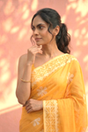 Sehaj ~ Exclusive Hand-Stitched Appliqué Weave Cotton Saree Floral Appliqué Pallu Orange
