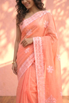 Sehaj ~ Exclusive Hand-Stitched Appliqué Weave Cotton Saree Floral Appliqué Pallu Coral Peach