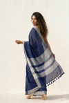 Mulmuli ~ Midnight Indigo Checkered Mul Cotton Saree with Silver Zari Border