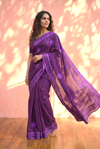 Sehaj ~ Exclusive Hand-Stitched Appliqué Weave Cotton Saree Floral Appliqué Pallu In Royal Purple