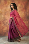 Pure Mul Cotton Handloom Saree in Magenta & Plum Mul  with All-Over Golden Checks and Zari Border