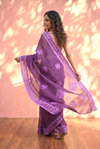 Sehaj ~ Exclusive Hand-Stitched Appliqué Weave Cotton Saree Floral Appliqué Pallu In Royal Purple