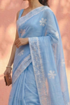 Sehaj ~ Exclusive Hand-Stitched Appliqué Weave Cotton Saree Floral Appliqué Pallu Powder Blue