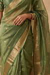 Ganga Ghat ~ Banarasi Pure Tissue Silk Saree In Olive Green With with Rich Lachha Border