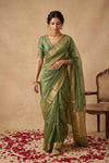 Ganga Ghat ~ Banarasi Pure Tissue Silk Saree In Olive Green With with Rich Lachha Border