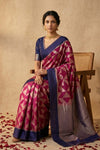 Ganga Ghat ~ Handwoven Pure Banarasi Katan Silk Saree In Blue and Pink