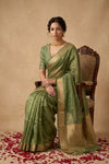 Ganga Ghat ~ Banarasi Pure Tissue Silk Saree In Olive Green With with Rich Lachha Border