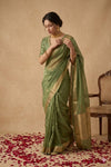 Ganga Ghat ~ Banarasi Pure Tissue Silk Saree In Olive Green With with Rich Lachha Border