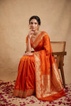 Ganga Ghat ~ Banarasi Handwoven Pure Soft Katan Silk Saree In Orange