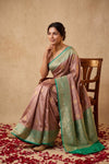 Ganga Ghat ~ Banarasi Pure Katan Silk Saree with Contrast Sea Green Border In Mauve