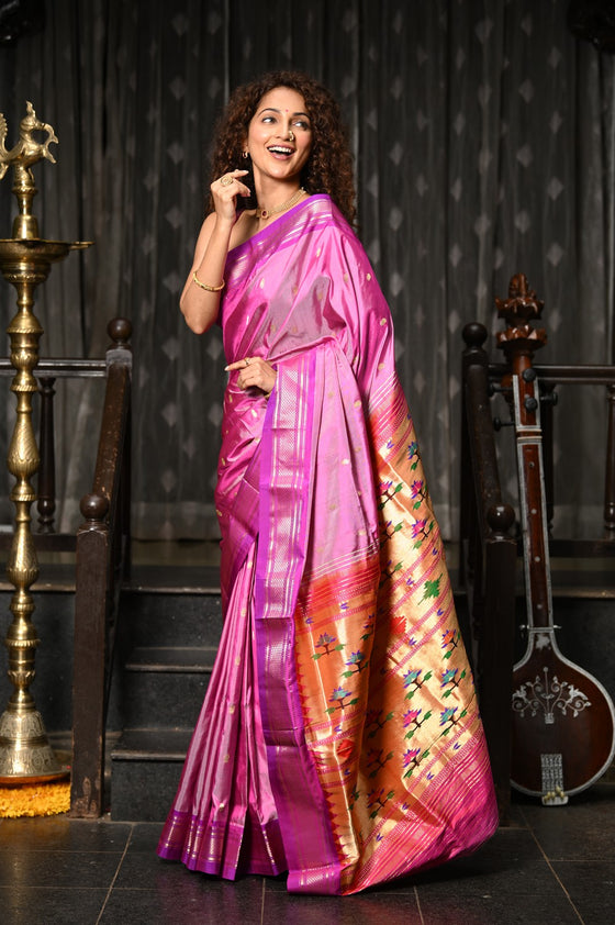 Mahalakshmi ~ Handloom Pure Silk Paithani Saree with Traditional Asawali Pallu in Mauve Pink