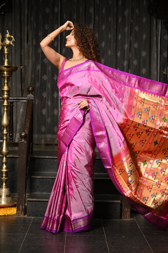Mahalakshmi ~ Handloom Pure Silk Paithani Saree with Traditional Asawali Pallu in Mauve Pink