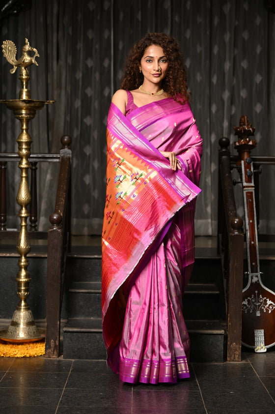 Mahalakshmi ~ Handloom Pure Silk Paithani Saree with Traditional Asawali Pallu in Mauve Pink