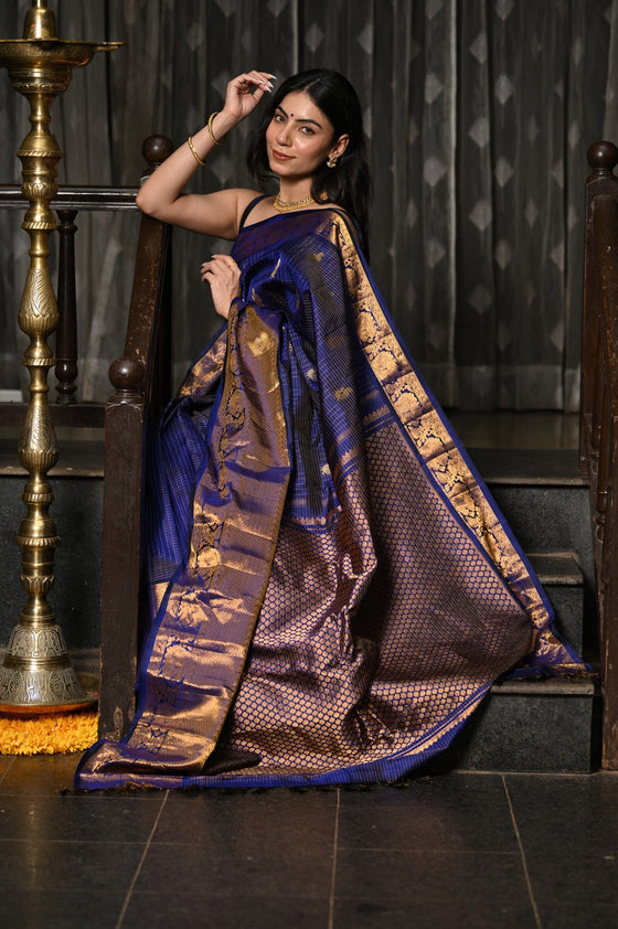 Mahalakshmi ~ Gadwal Pure Silk Handloom Brocade Checks Saree in Ink Blue