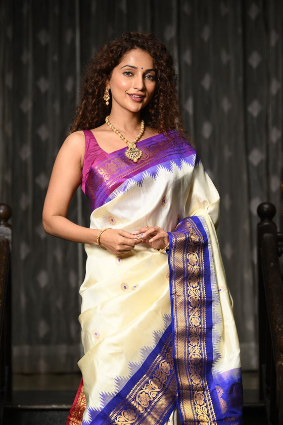 Mahalakshmi ~ Gadwal Pure Silk Handloom Saree with Ganga Jamuna Border in White