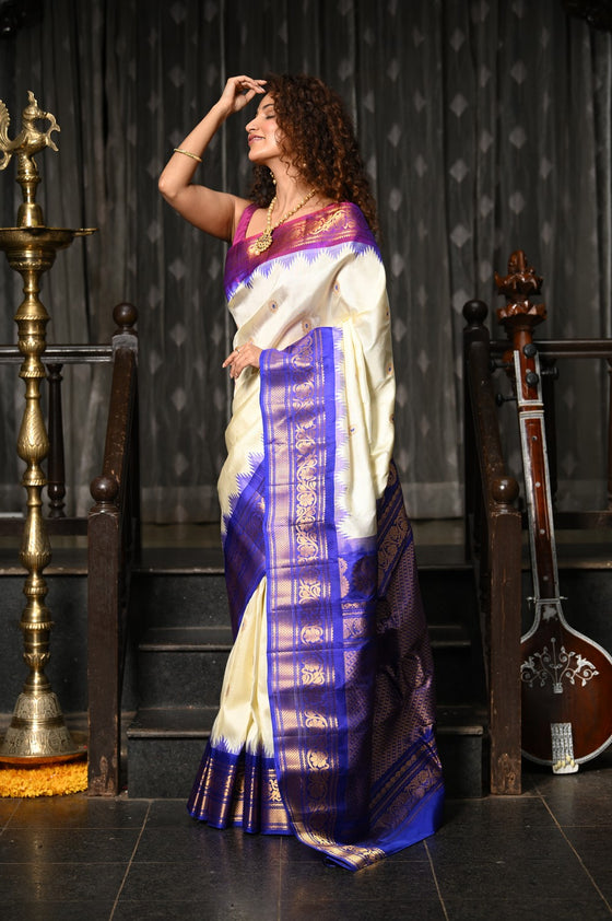 Mahalakshmi ~ Gadwal Pure Silk Handloom Saree with Ganga Jamuna Border in White