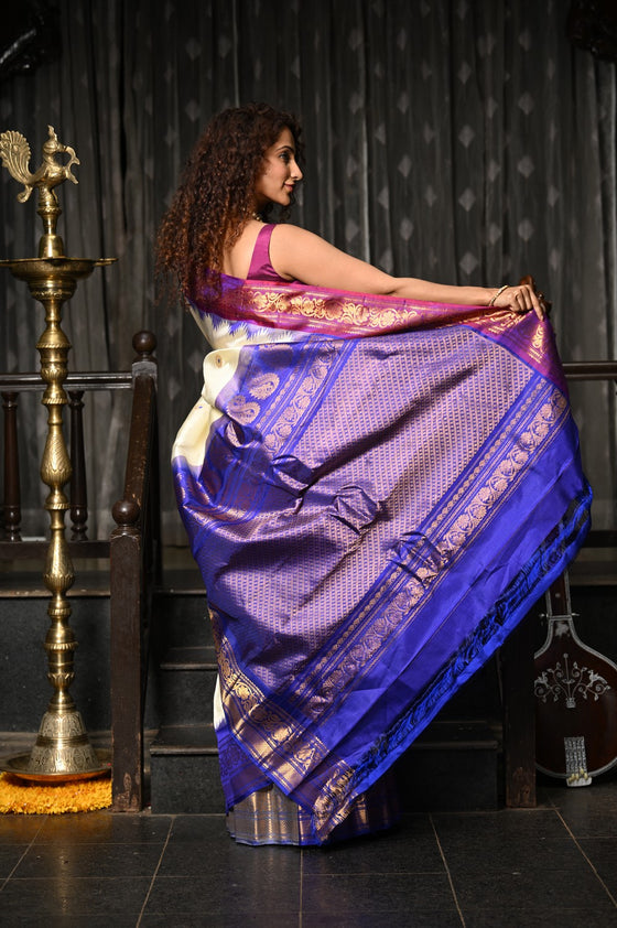 Mahalakshmi ~ Gadwal Pure Silk Handloom Saree with Ganga Jamuna Border in White