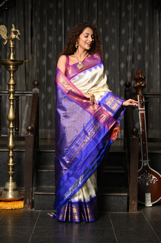 Mahalakshmi ~ Gadwal Pure Silk Handloom Saree with Ganga Jamuna Border in White