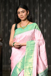 Mahalakshmi ~ Handloom Pure Silk Pink Muniya Border Saree With Handcrafted Parrot Pallu in Powder Pink and Green