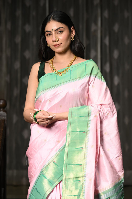 Mahalakshmi ~ Handloom Pure Silk Pink Muniya Border Saree With Handcrafted Parrot Pallu in Powder Pink and Green