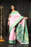 Mahalakshmi ~ Handloom Pure Silk Pink Muniya Border Saree With Handcrafted Parrot Pallu in Powder Pink and Green