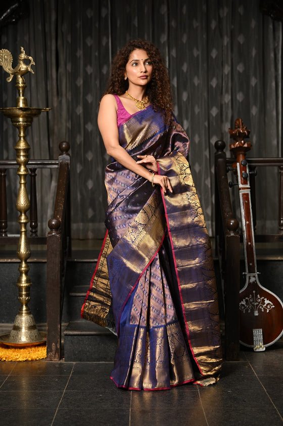 Mahalakshmi ~ Gadwal Pure Silk Handloom Brocade Saree in Marine Blue