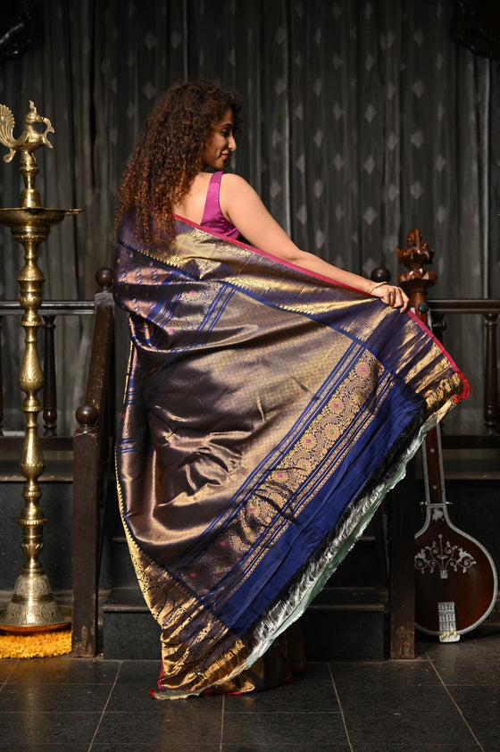 Mahalakshmi ~ Gadwal Pure Silk Handloom Brocade Saree in Marine Blue