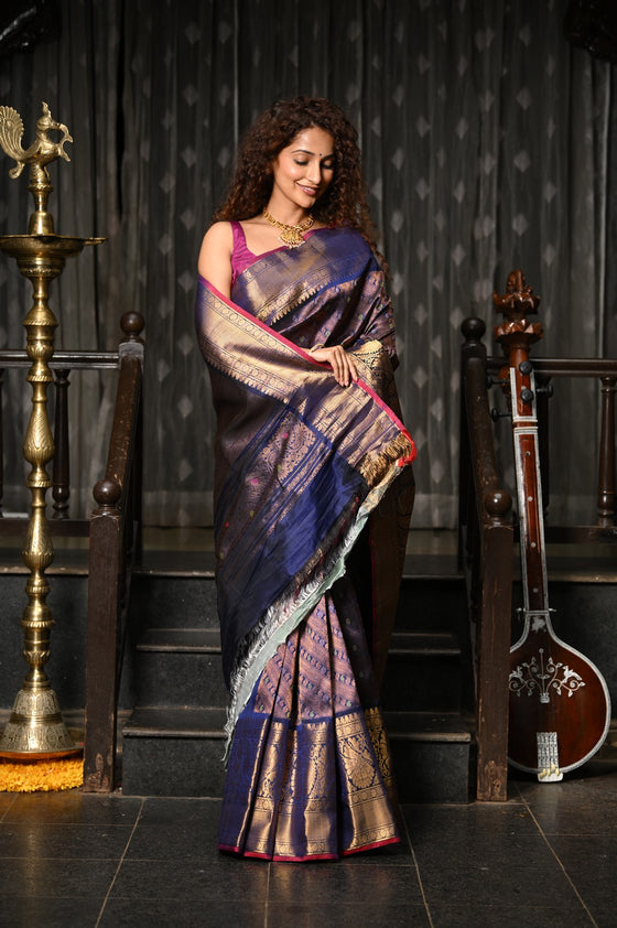Mahalakshmi ~ Gadwal Pure Silk Handloom Brocade Saree in Marine Blue