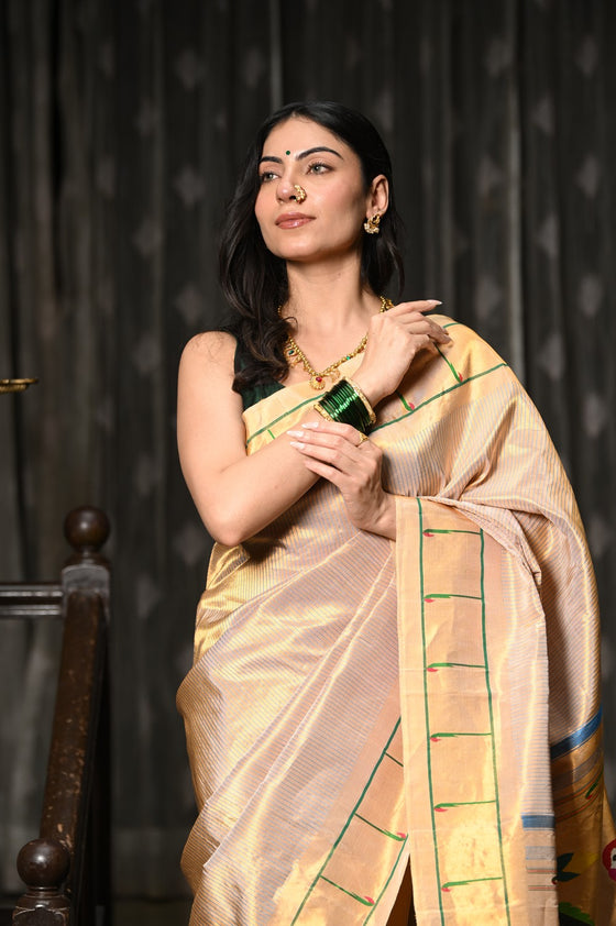 Mahalakshmi ~ Handloom Pure Silk Pink Muniya Border Saree With Handcrafted Parrot Pallu in Beige