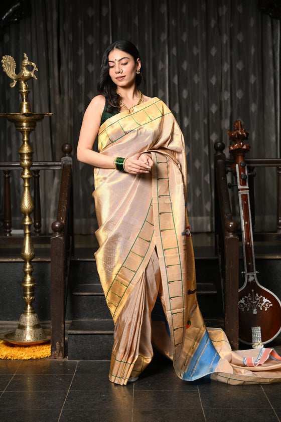Mahalakshmi ~ Handloom Pure Silk Pink Muniya Border Saree With Handcrafted Parrot Pallu in Beige
