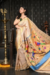 Mahalakshmi ~ Handloom Pure Silk Pink Muniya Border Saree With Handcrafted Parrot Pallu in Beige