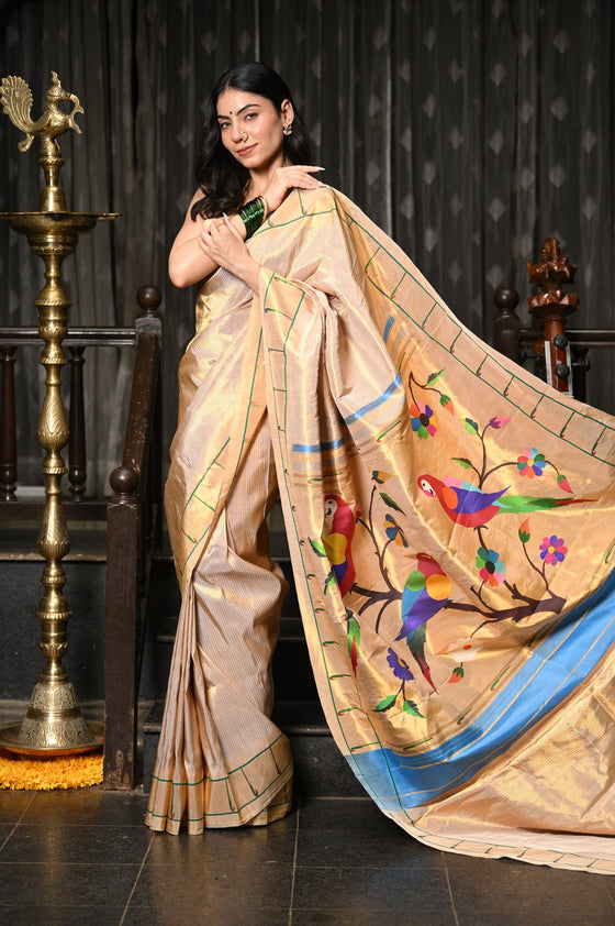 Mahalakshmi ~ Handloom Pure Silk Pink Muniya Border Saree With Handcrafted Parrot Pallu in Beige