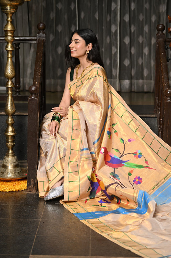 Mahalakshmi ~ Handloom Pure Silk Pink Muniya Border Saree With Handcrafted Parrot Pallu in Beige