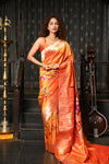 Mahalakshmi ~ Handloom Pure Silk Half All Over Paithani with Parrot Floral Work in Orange
