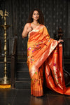 Mahalakshmi ~ Handloom Pure Silk Half All Over Paithani with Parrot Floral Work in Orange