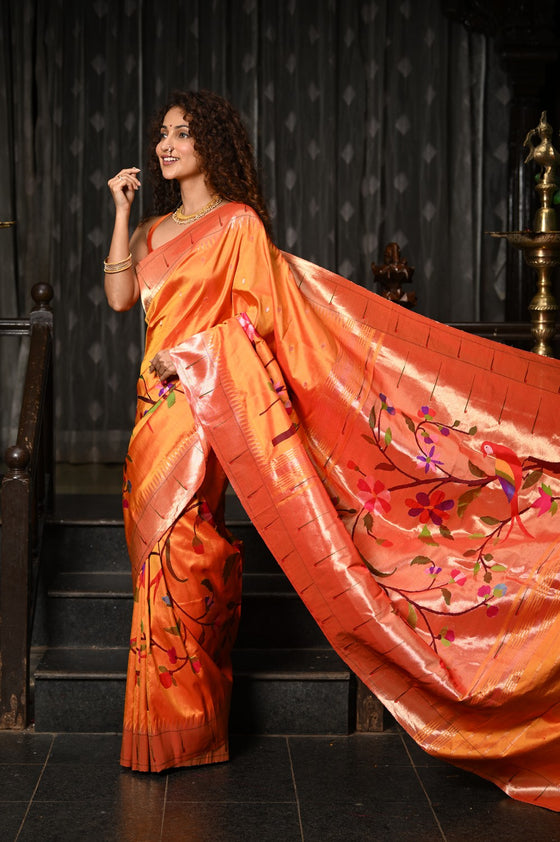 Mahalakshmi ~ Handloom Pure Silk Half All Over Paithani with Parrot Floral Work in Orange