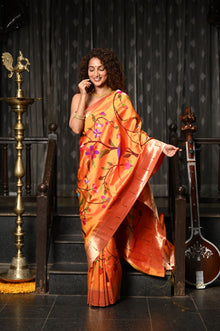  Mahalakshmi ~ Handloom Pure Silk Half All Over Paithani with Parrot Floral Work in Orange