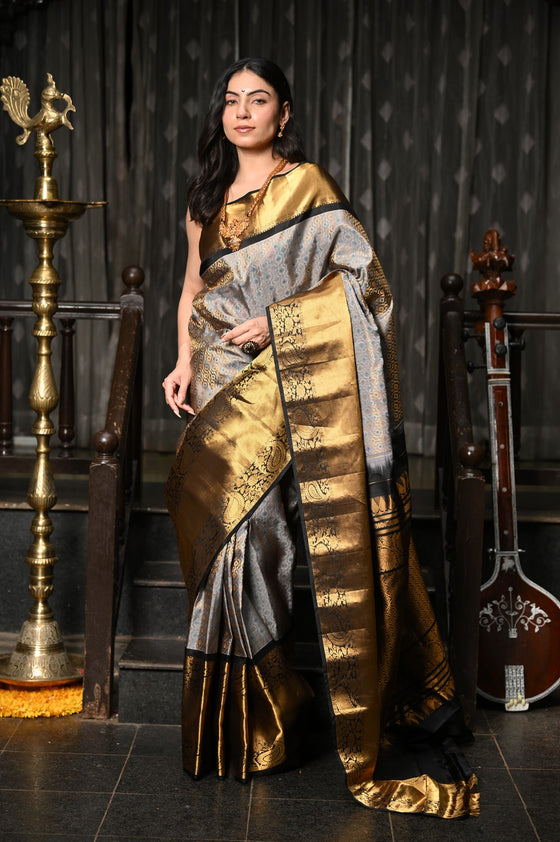 Mahalakshmi ~ Gadwal Pure Silk Handloom Saree with Brocade Work in Grey Gold