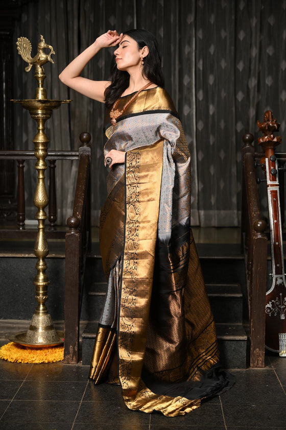 Mahalakshmi ~ Gadwal Pure Silk Handloom Saree with Brocade Work in Grey Gold