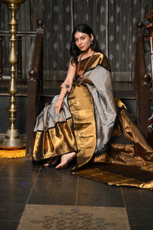  Mahalakshmi ~ Gadwal Pure Silk Handloom Saree with Brocade Work in Grey Gold