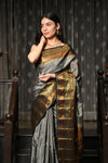 Mahalakshmi ~ Gadwal Pure Silk Handloom Saree with All Over Checks in Grey Gold