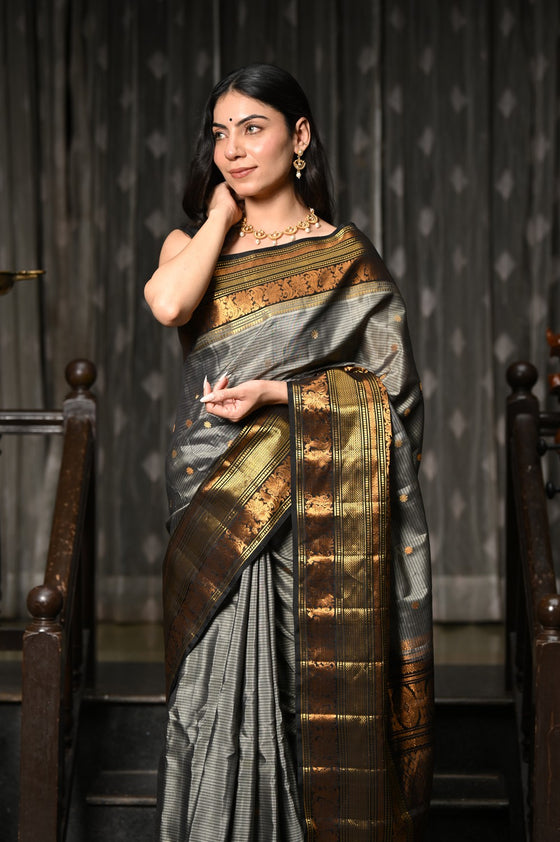 Mahalakshmi ~ Gadwal Pure Silk Handloom Saree with All Over Checks in Grey Gold