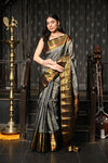 Mahalakshmi ~ Gadwal Pure Silk Handloom Saree with All Over Checks in Grey Gold
