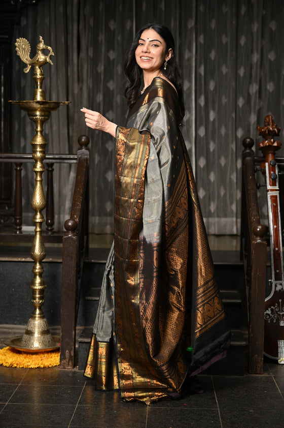 Mahalakshmi ~ Gadwal Pure Silk Handloom Saree with All Over Checks in Grey Gold