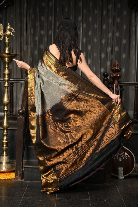 Mahalakshmi ~ Gadwal Pure Silk Handloom Saree with All Over Checks in Grey Gold