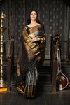 Mahalakshmi ~ Gadwal Pure Silk Handloom Saree with All Over Checks in Grey Gold