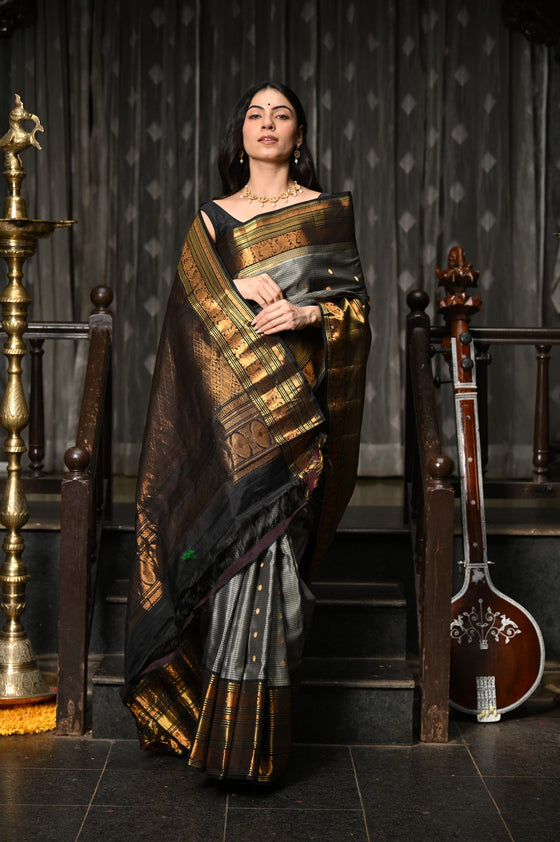 Mahalakshmi ~ Gadwal Pure Silk Handloom Saree with All Over Checks in Grey Gold